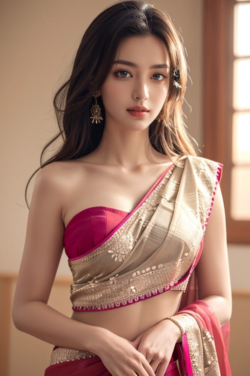 Bright Pink Colour Saree, Waist ShowingPorno AI