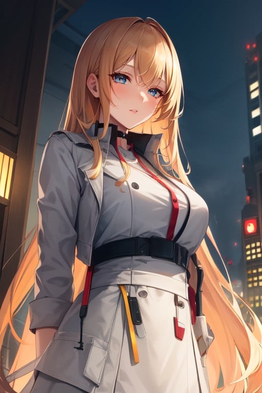 Straight Blonde Hair Long Hair Futuristic Orange Coat Futuristic Yellow Sunglasses Cyberpunk City At Night Lean, JapanesePorno AI