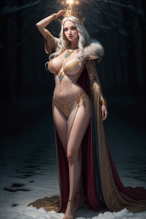 Sexy Snow Princess With Long White Hair, 全身, Large BreastsAI黃片