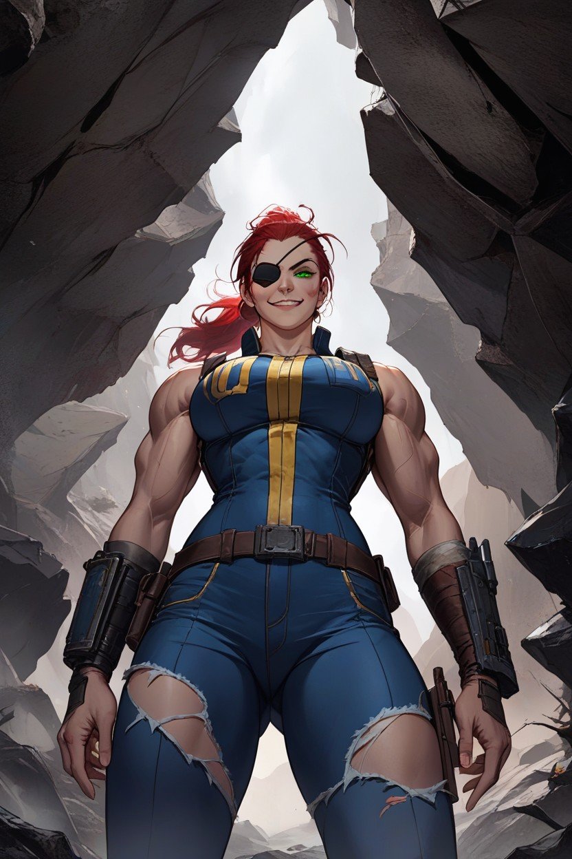 Du Bas Vers Le Haut, Wasteland Fallout Vault Woman Red Hair Ponytail Eye-patch Green Eyes, Vêtements DéchirésPorno IA Furry