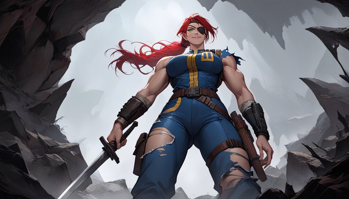 Wasteland Fallout Vault Woman Red Hair Ponytail Eye-patch Green Eyes Sword Bad-ass, Roupas Rasgadas, Caverna Pornografia peluda com IA