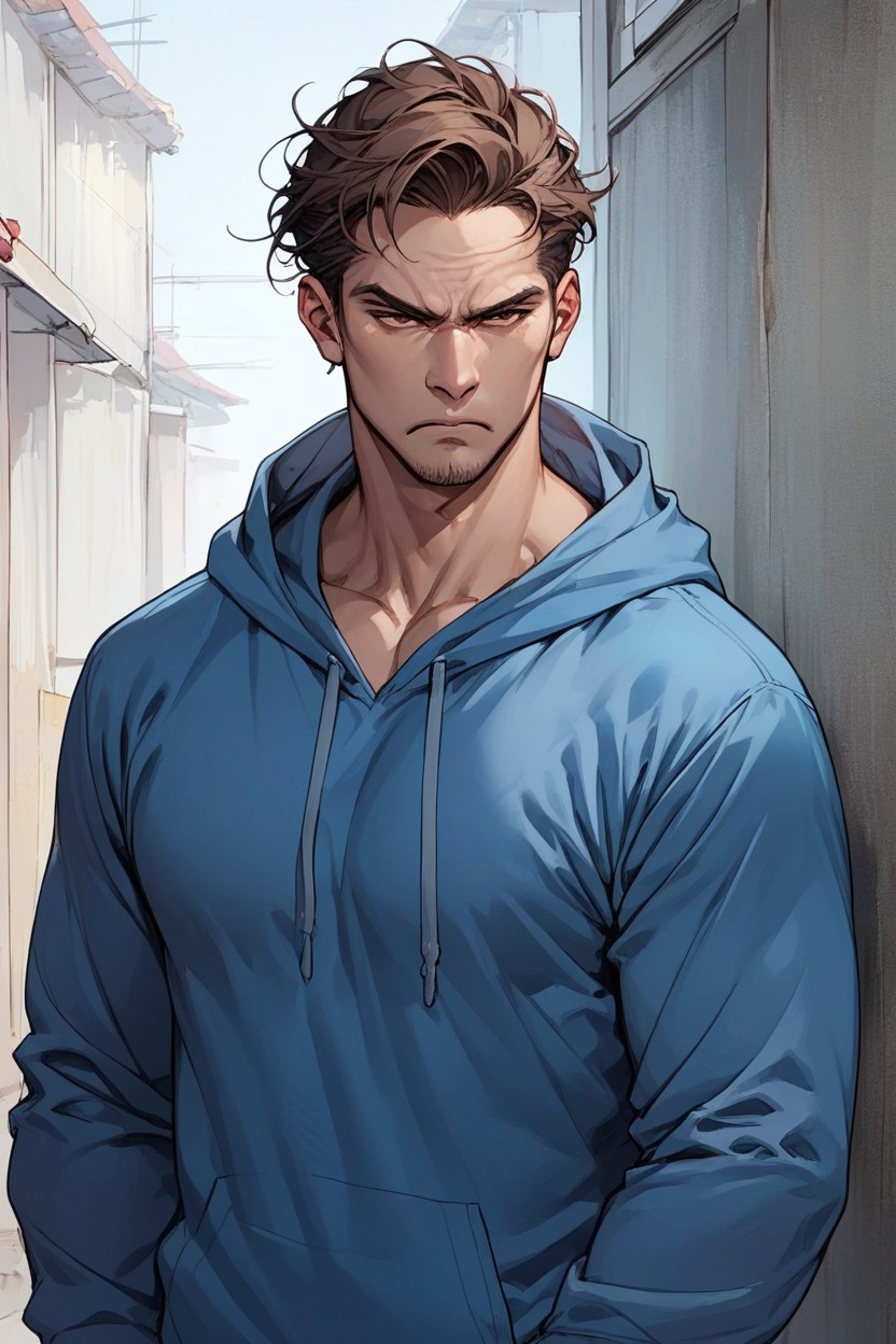 棕色眼睛, Angry, Wearing A Blue HoodieAI黃漫