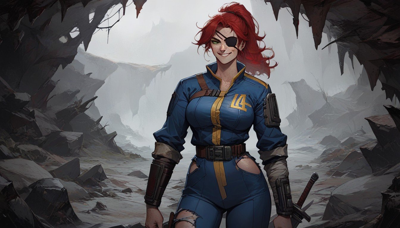 Wasteland Fallout Vault Woman Red Hair Ponytail Eye-patch Green Eyes Sword Bad-ass, 웨이스트 샷, 미소 지으며 비웃다AI 포르노