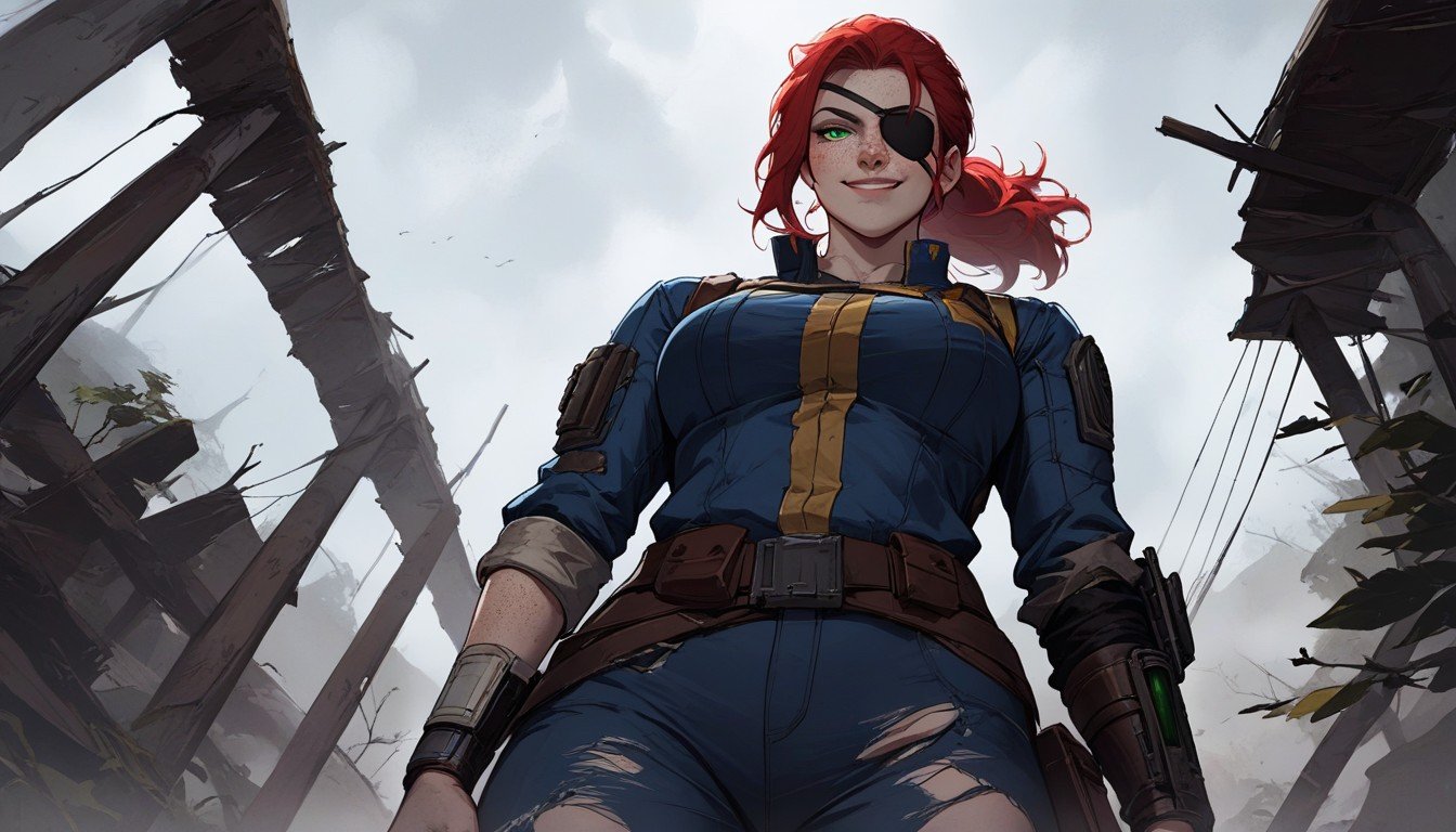 Wasteland Fallout Vault Woman Red Hair Ponytail Eye-patch Green Eyes, Taches De Rousseur, Vêtements DéchirésPorno IA Furry