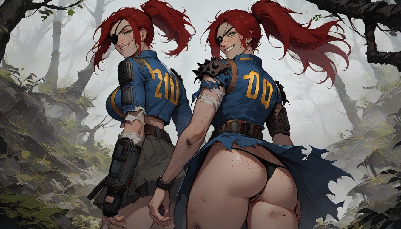 Wasteland Fallout Vault Woman Red Hair Ponytail Eye-patch Green Eyes Ripped Ragged Skirt, Sommersprossen, DschungelFurry KI Porno