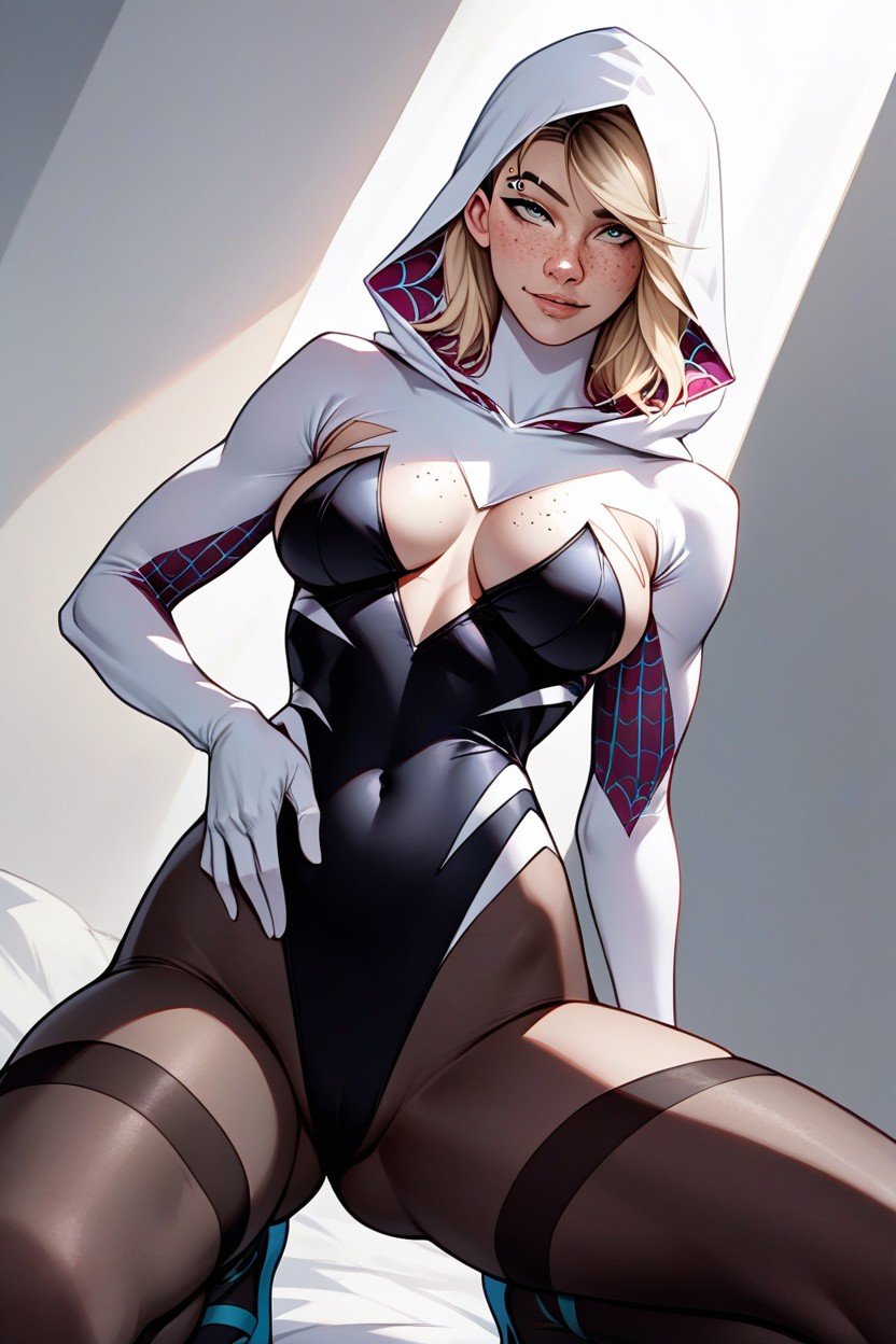 Spider Gwen, Sited With Spreading Legs, 마른 체형퍼리 AI 포르노