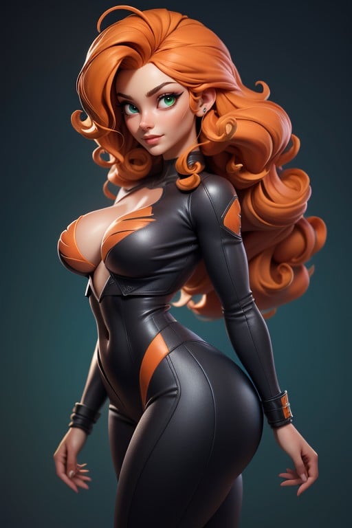 Eyes That Are Green, Long Curly Dark Orange Hair, Orange Tail Coming From Rear AI Porn