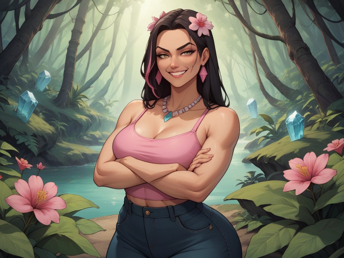 Pink Flower In Hair, Muslos Gruesos, Sonriendo Porno IA