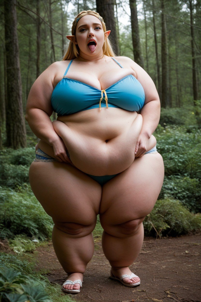 Princess Zelda From Breath Of The Wild As A Morbidly Obese Ussbbw, Cheveux Blond, ForêtPorno IA transsexuelle