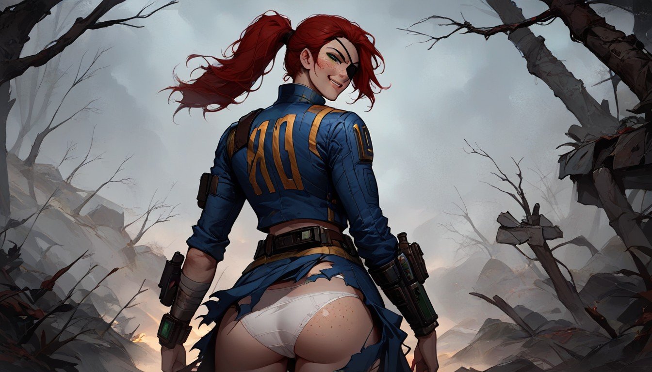 1 Человек, Рваная Одежда, Wasteland Fallout Vault Woman Red Hair Ponytail Eye-patch Green Eyes Ripped Ragged Skirt White Panties ИИ порно