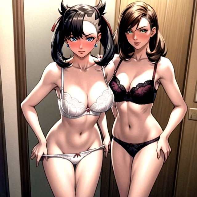 Lingerie, Top Down View, Marnie From Pokemon And Gloria From Pokemon Stripping Travesti IA Pornô