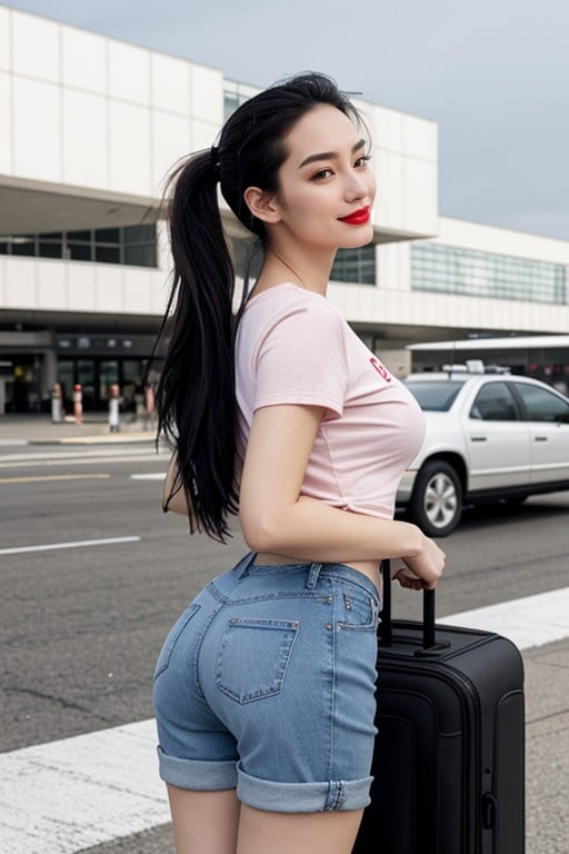 Wide Hips Pink T Shirt, Red Lipstick, 18+人妖AI色情