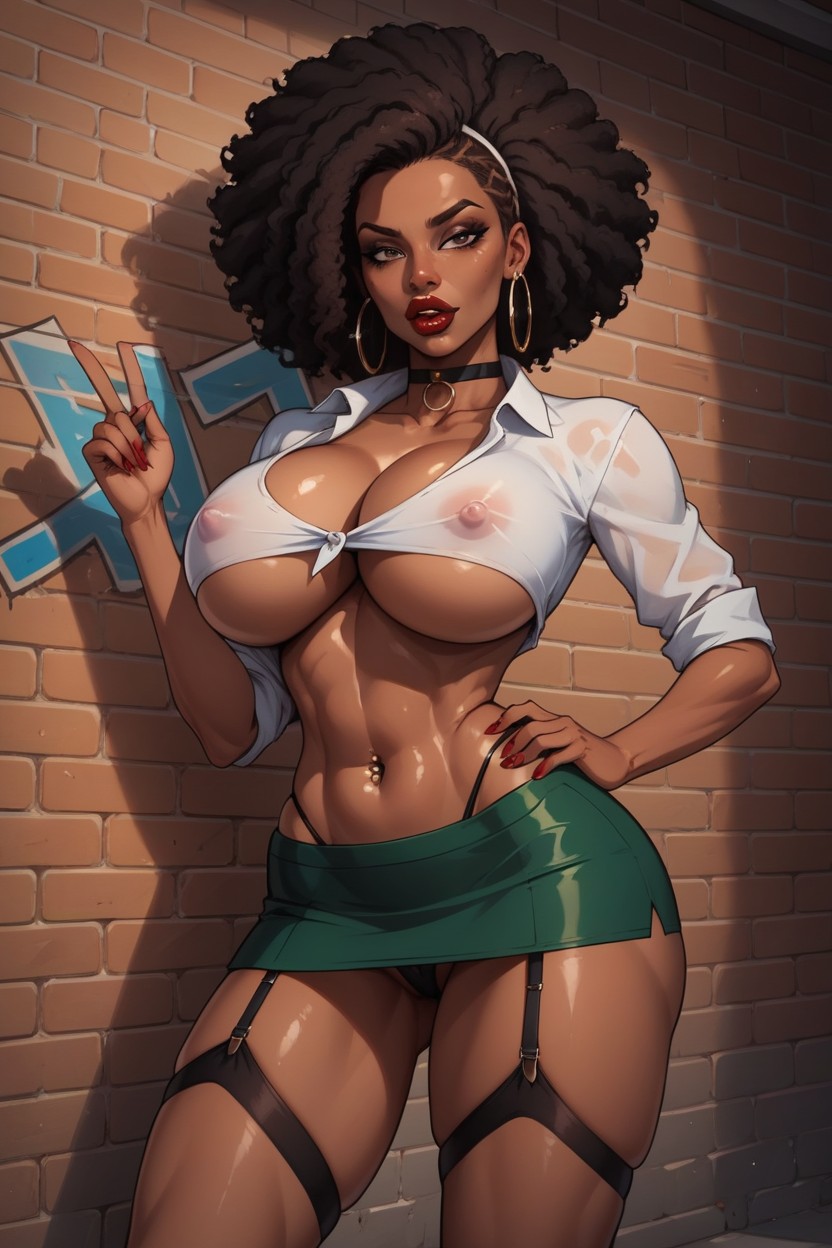 Blouse, Black Garter Straps, Brickwall Hentai AI Porn
