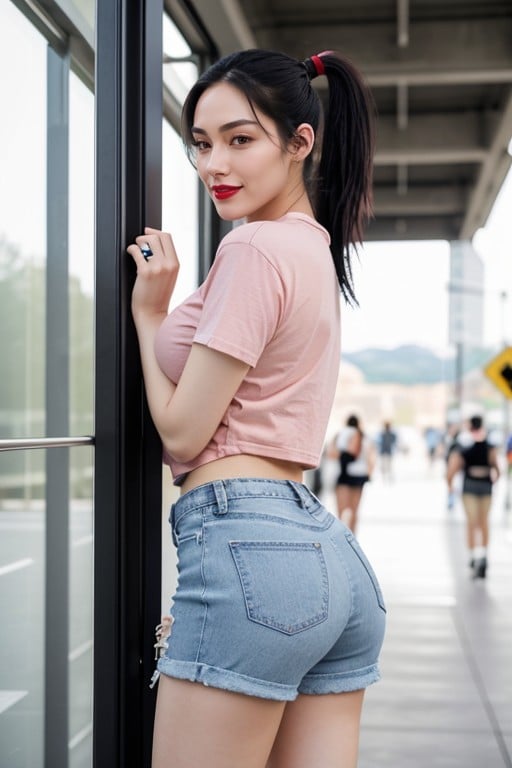 Korean, Long Black Hair Pulled Back In A Ponytail, Shorts Pornografia asiática com IA