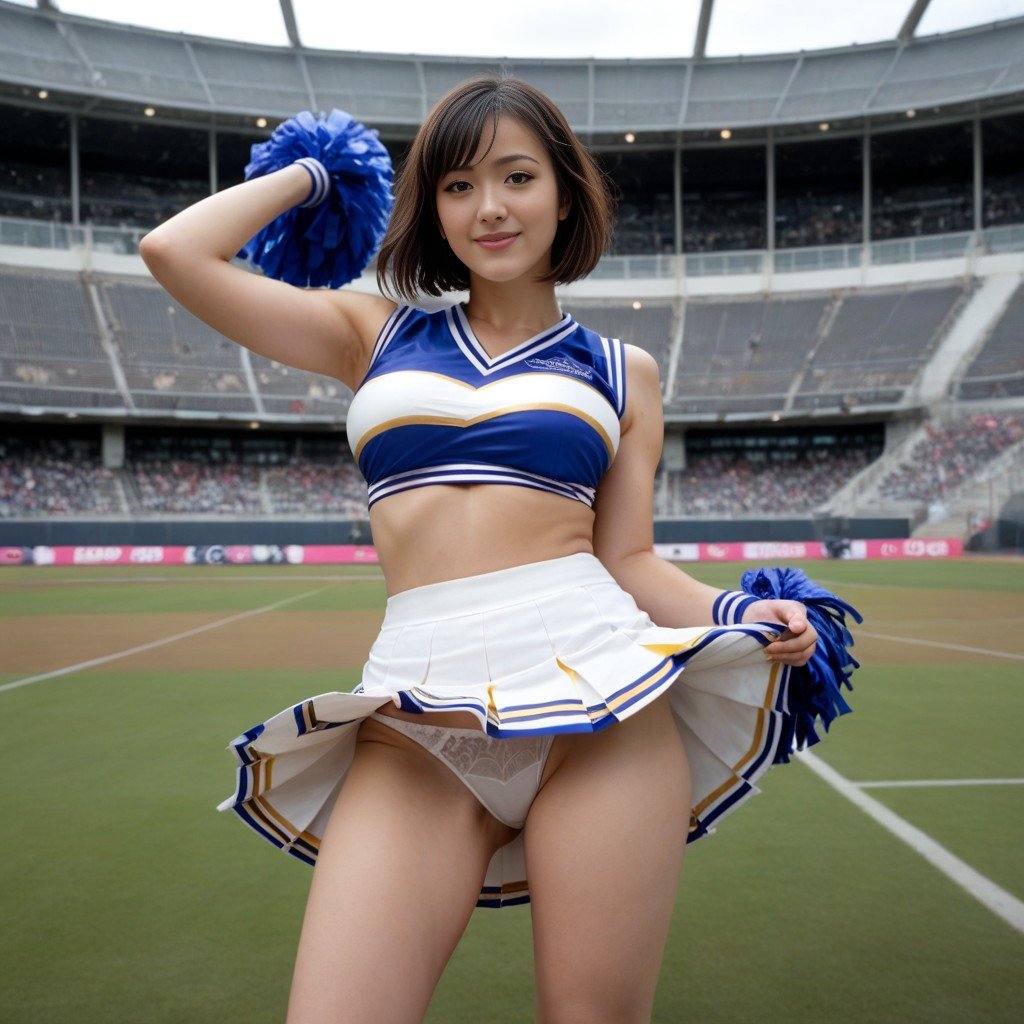 Cheerleader, A Beautiful Cheerleader Wearing A White Bralette And A White Skirt Lifting His Legs High To Expose His White Panties At A Stadium, Very Short Hair AI Porn