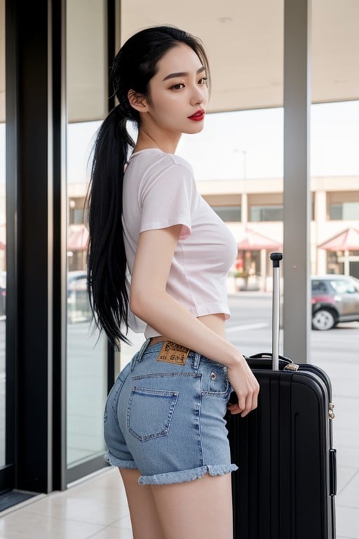 Pink T Shirt, Side View, Enters The Glass Doors Of The Hotel人妖AI色情