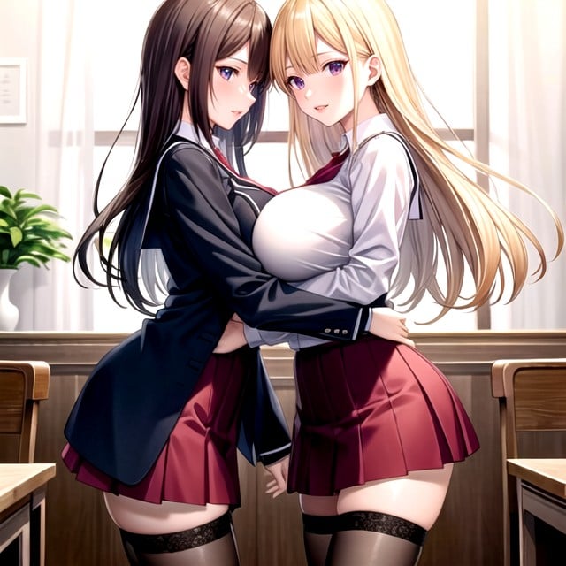 Two Schoolgirls, Standing, Thigh High Socks Hentai AI Porn