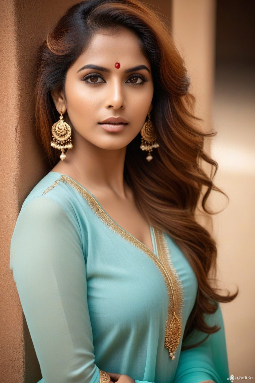 Creating A Beautiful Contrast Against Her Warm, Embodying A Blend Of Traditional And Modern Styles Delicate Earrings And A Few Simple Bangles Adorn Her, The Character Is An Indian Woman With Striking Saffron Hair That Flows Long And Wavy Down Her BackPorno IA