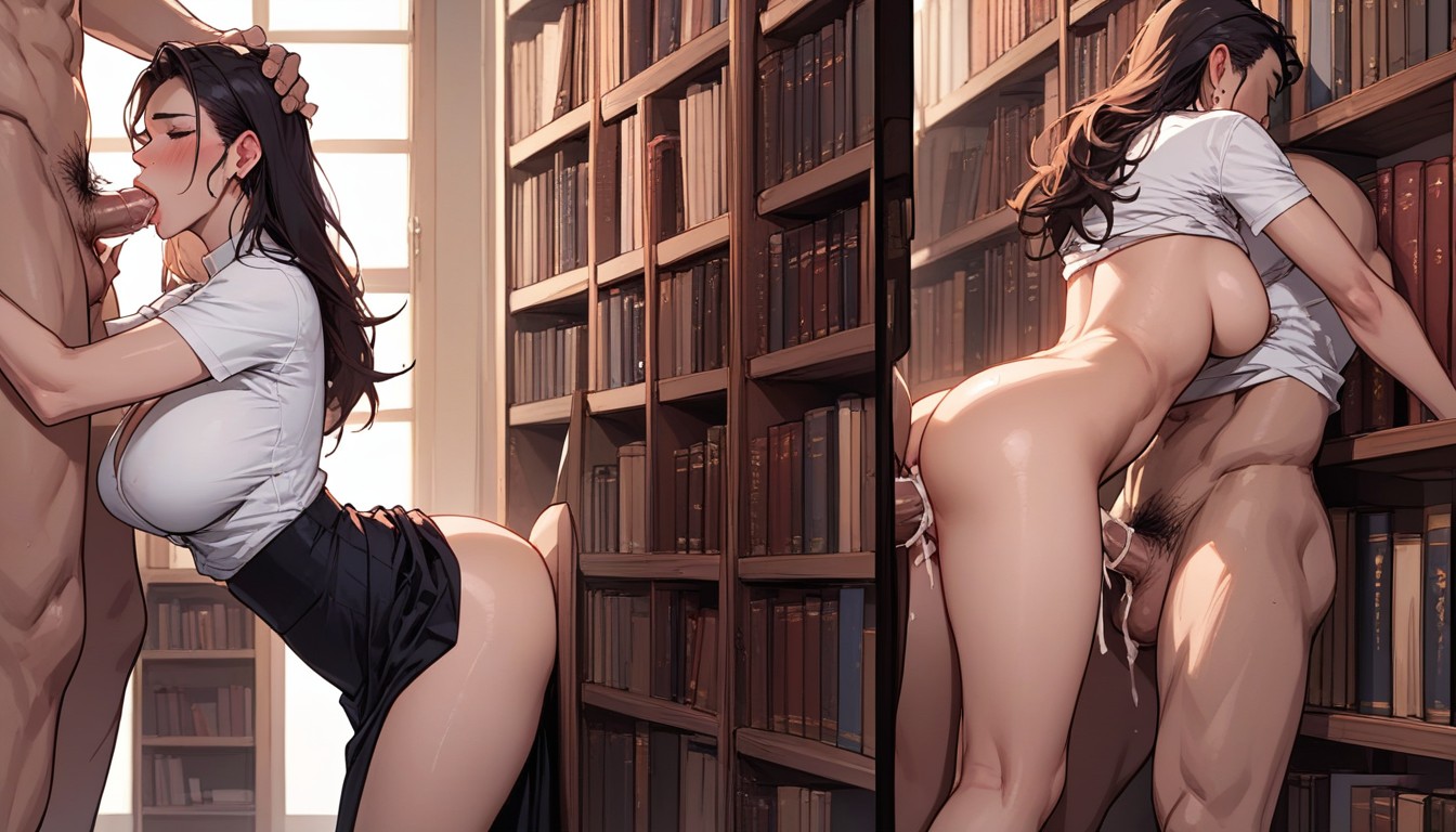 Bend Over, Woman's Upper Body Penetrates Bookshelf, Waist Buried In BookshelfヘンタイAIポルノ