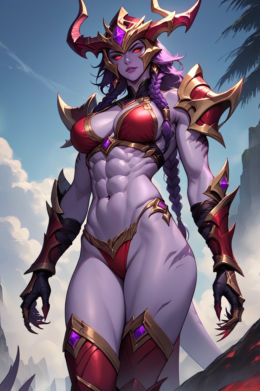 Shyvana From League Of Legends, Long Dark Purple Braids, Purple Skin Hentai IA pornografia