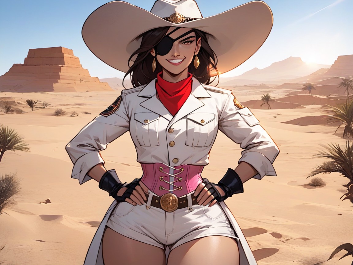 Long Straight Black Hair, Desert Villa Background, Print Fingerless Gloves Hentai AI Porn