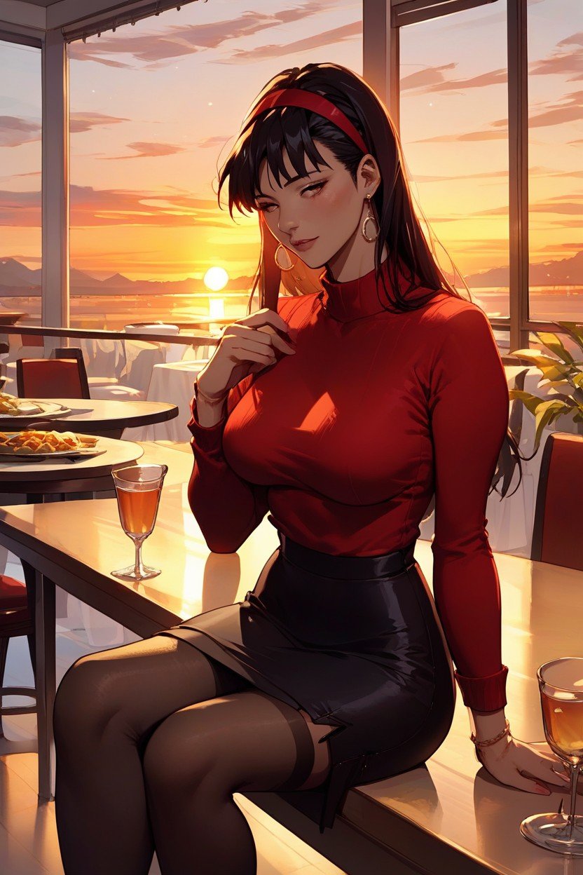 Sitting At A Table, Red Sweater, 스웨터AI 포르노