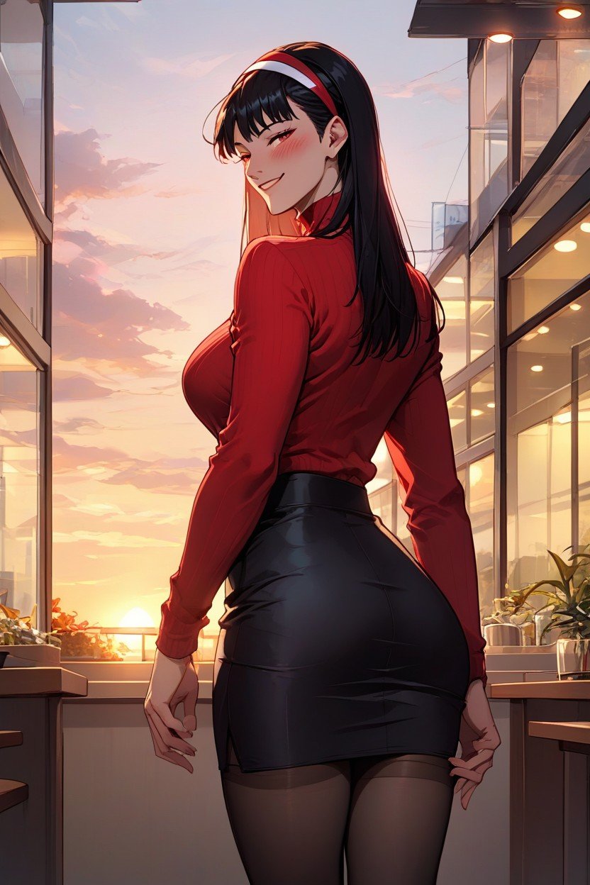 Red Sweater, Medium Breast, Rear View AI Porn