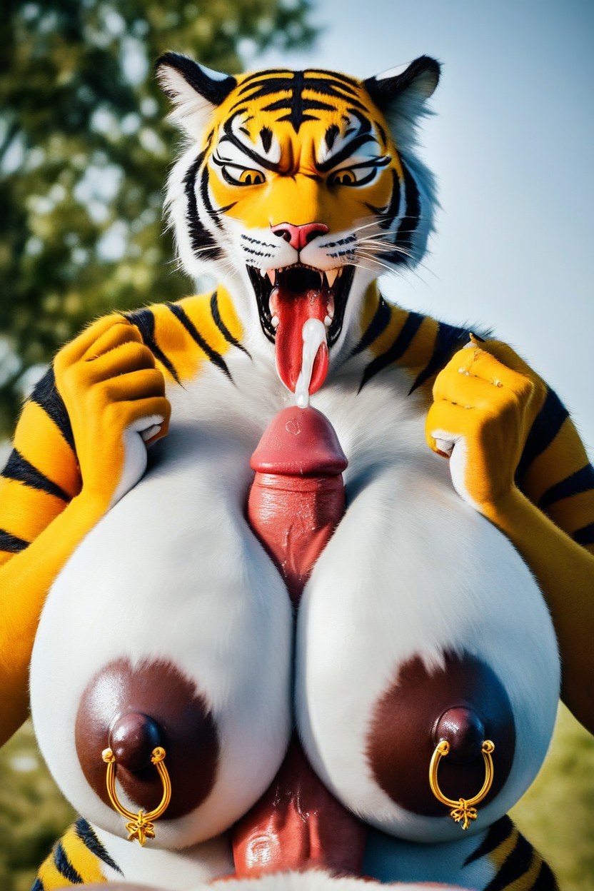 Gold Nipple Piercing, Saliva From The Mouth, Sunset Furry AI Porn