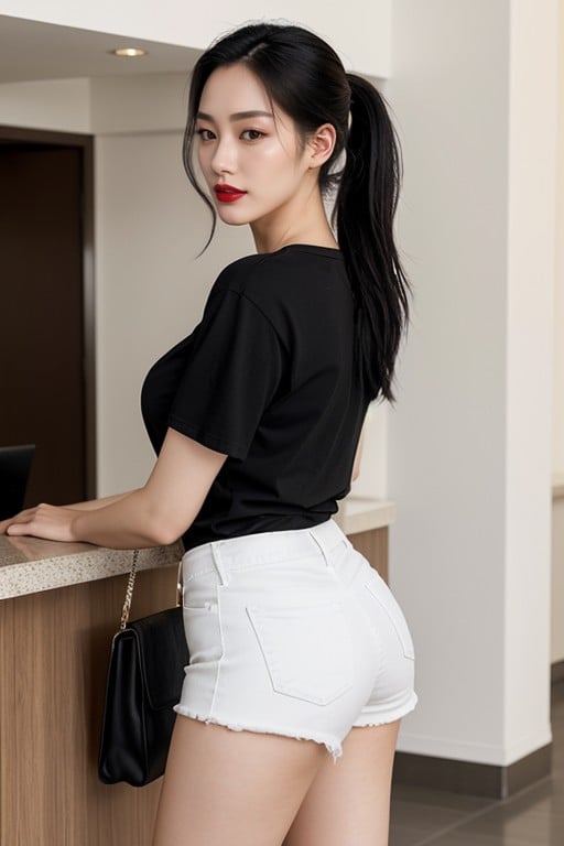 18+, 苗條, Long Black Hair Pulled Back In A Ponytail人妖AI色情