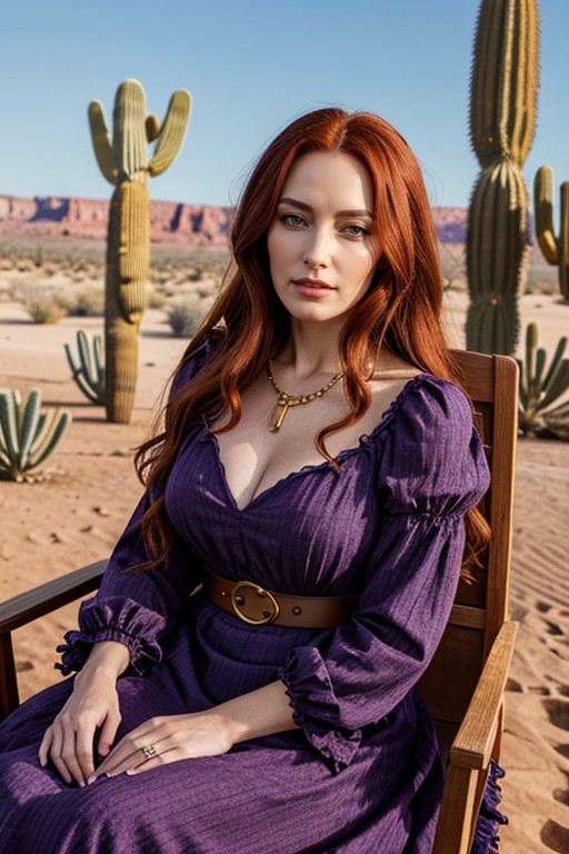 Grimm Grimoire, Grimm Grimoire Is Novel Series Combatants Will Be Dispatched!, Woman With Long Red Hair Sitting On A Wooden Throne She Is Wearing A Purple And Blue Dress With A High Neckline And Long Sleeves The Dress Has A Ruffled Hemline And Is Cinched At The Waist With A Gold Belt The Woman Has A Serious Expression On Her Face And Is Resting Her Chin On Her Hand The Background Is A Desert-like Landscape With Orange And Yellow Hues The Overall Mood Of The Image Is Peaceful And Serene Furry AI Porn