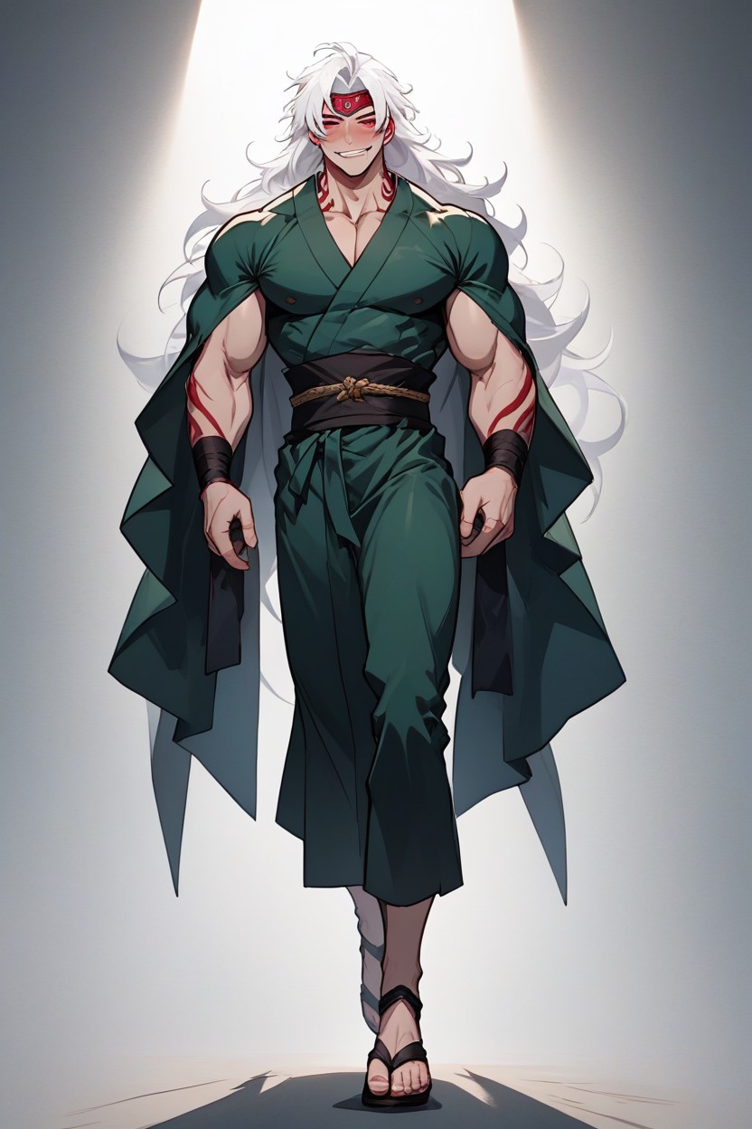 Carries A Large Scroll Strapped To His Back, Arm Guards With A Black And Silver Design, Relaxed Expression Hentai AI Porn