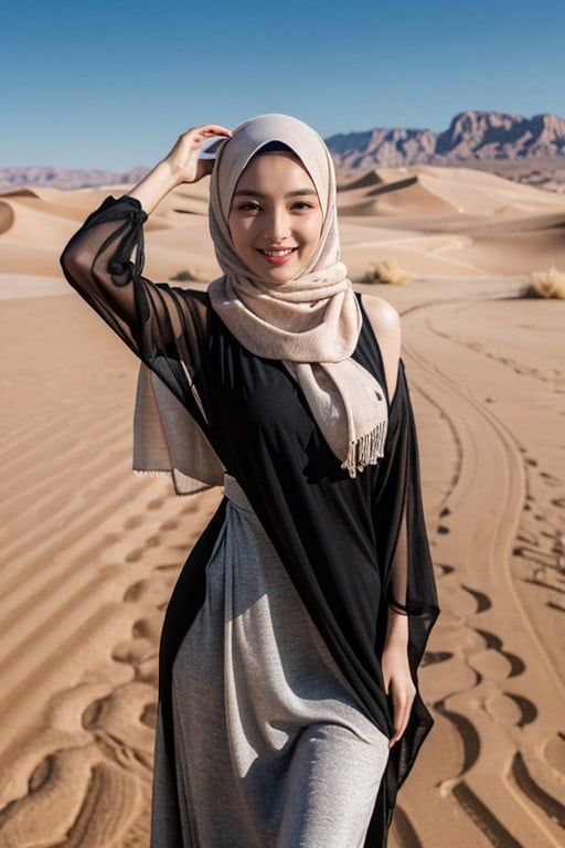 De Pie, Hijab Pashmina Gamis, Smiling Mouth OpenPorno AI