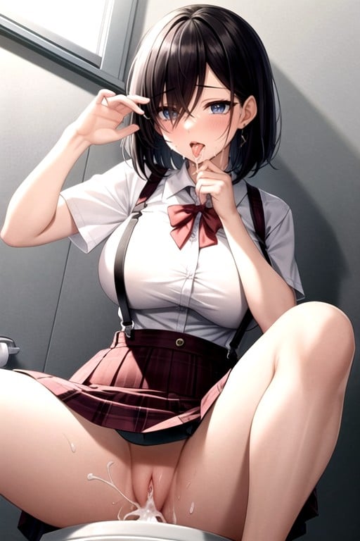 Black Hair, Spread Legs, Red Skirt Shemale AI Porn