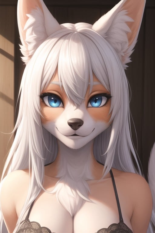 Yeux Bleus, Renard, Cheveux BlancsPorno IA Furry