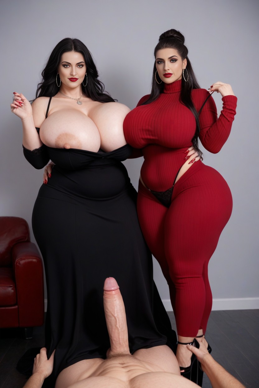 Extremely Long Hair, Super Round Huge Silver Hoop Earrings Inchs In Diameter, Black Hair AI Porn