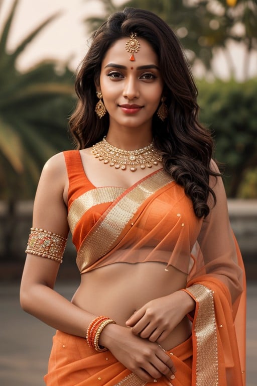 Waist Showing, Indiana, Bright Orange Saree Pornografia de IA