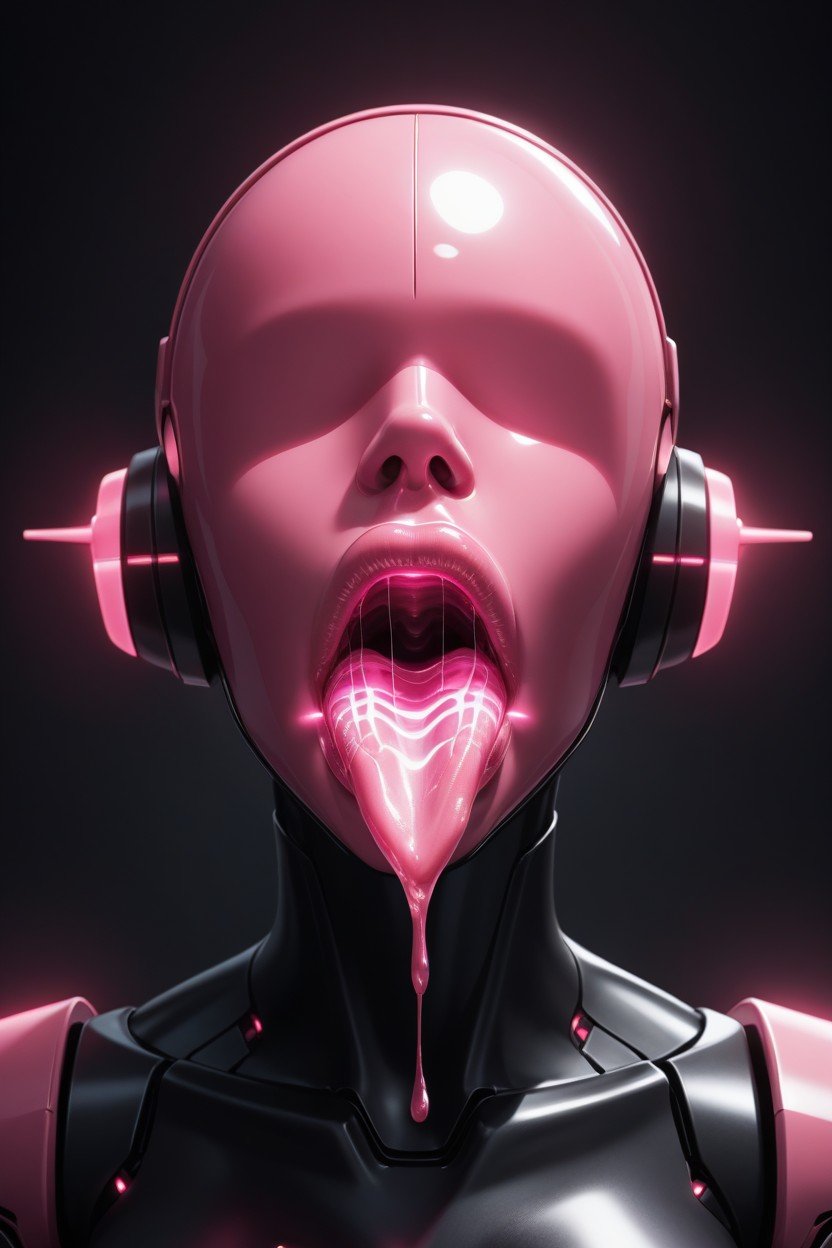 Opaque Mask Over Eyes And Nose, Bionic Tongue And Throat, Glowing Mouth Pornografia de IA