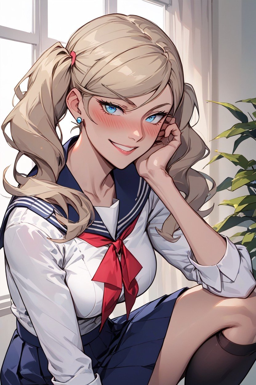 Sailor Uniform, Black Thigh High Socks, Navy Blue Skirt Hentai AI Porn