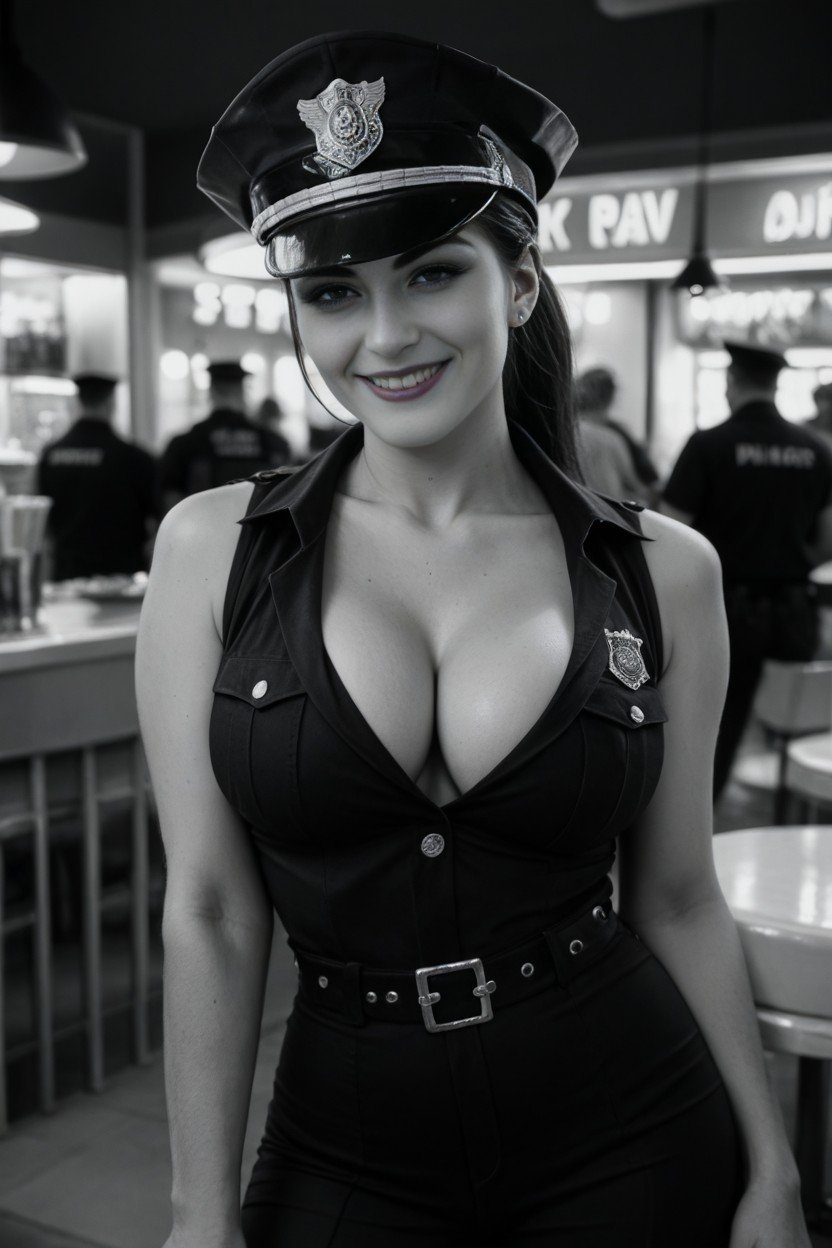 Officer Cap, Black And White, Sexy Cop UniformAIポルノ