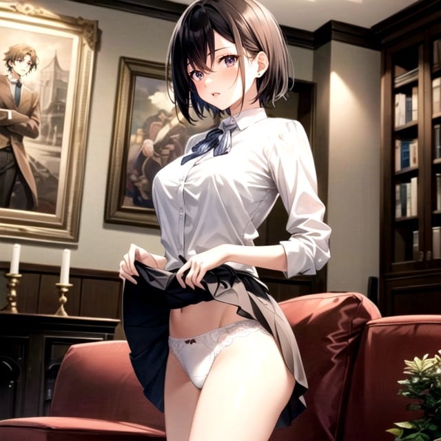 18+, Standing, A Wearing A White Frilly Blouse And A Flared Skirt Pinching And Lifting The Hem Of His Skirt To Expose His White Panties Pornografia de IA