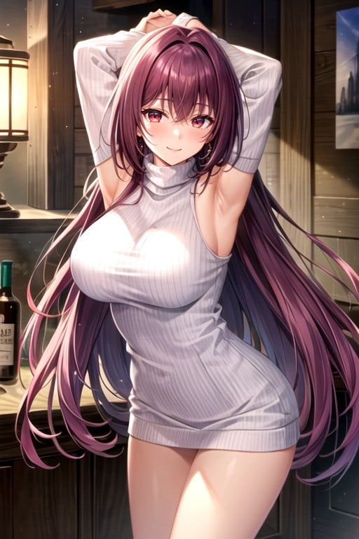 White Cream Sweater, Purple Hair, Long HairニューハーフAIポルノ