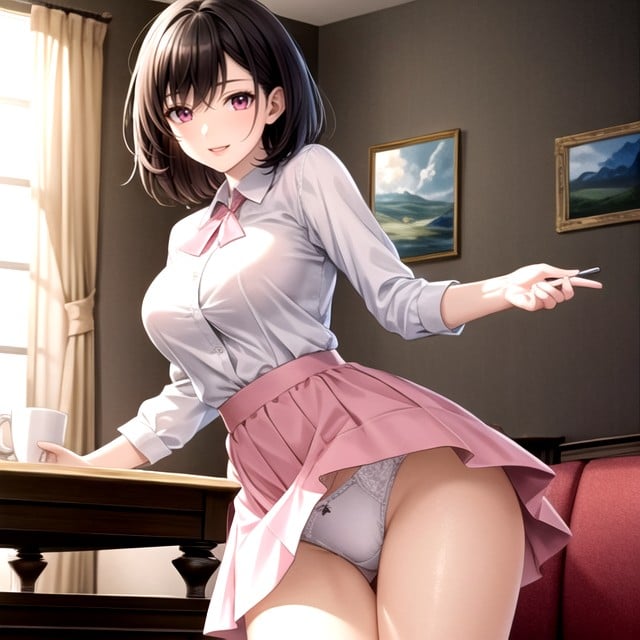 Standing, A Elegant Wearing A White Frilly Blouse And A Pink Flared Skirt Pinching And Lifting The Hem Of His Skirt To Expose His White Panties, 18+ Pornografia de IA