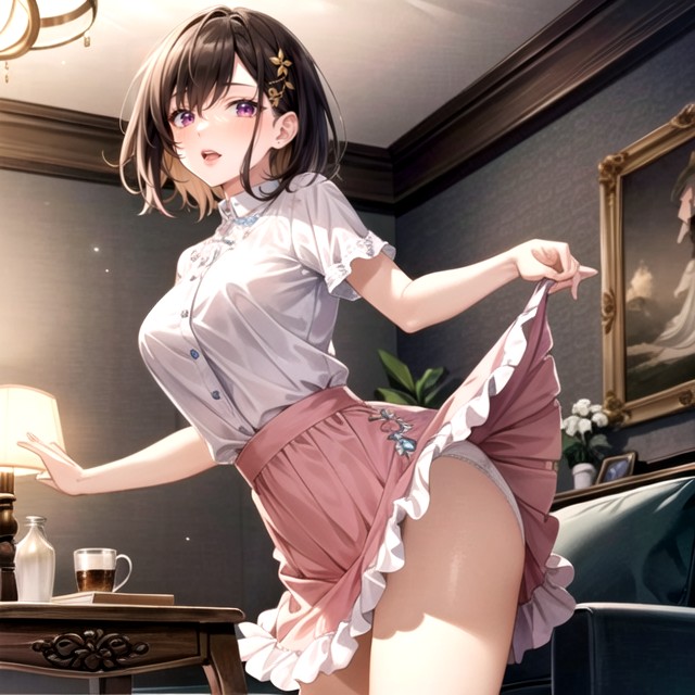 A Elegant Wearing A White Frilly Blouse And A Pink Flared Skirt Pinching And Lifting The Hem Of His Skirt To Expose His White Panties, 立つ, リビングAIポルノ