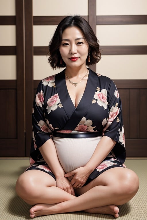 Very Short Hair, My Wife Is Sitting With Her Legs Spread On The Floor Of The Riding Arena She Had Red Lips、korean Woman、fold Your Arms Above Your Head、pregnant Woman, Necklace Asian AI Porn