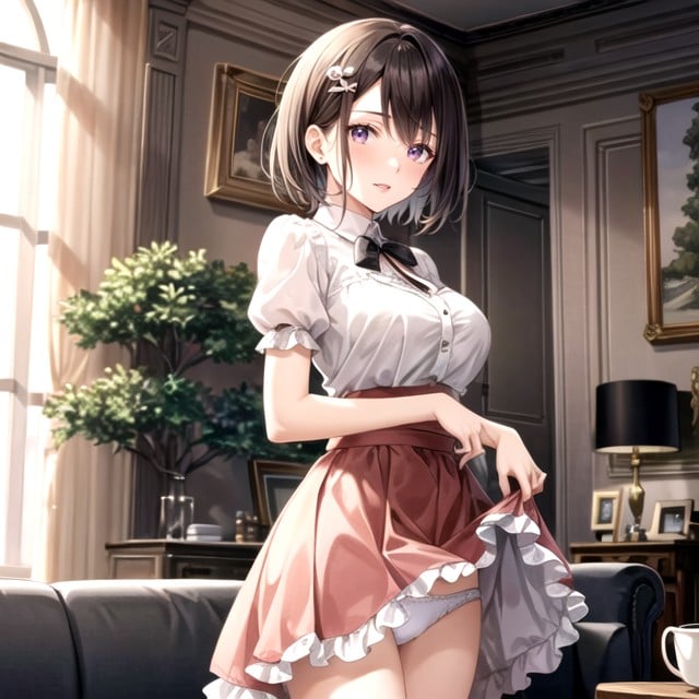 A Elegant With Hair Wearing A White Frilly Blouse And A Pink Flared Skirt And A White Petticoat Pinching And Lifting The Hem Of His Skirt To Expose His White Panties, Small Breast, Living Room AI Porn