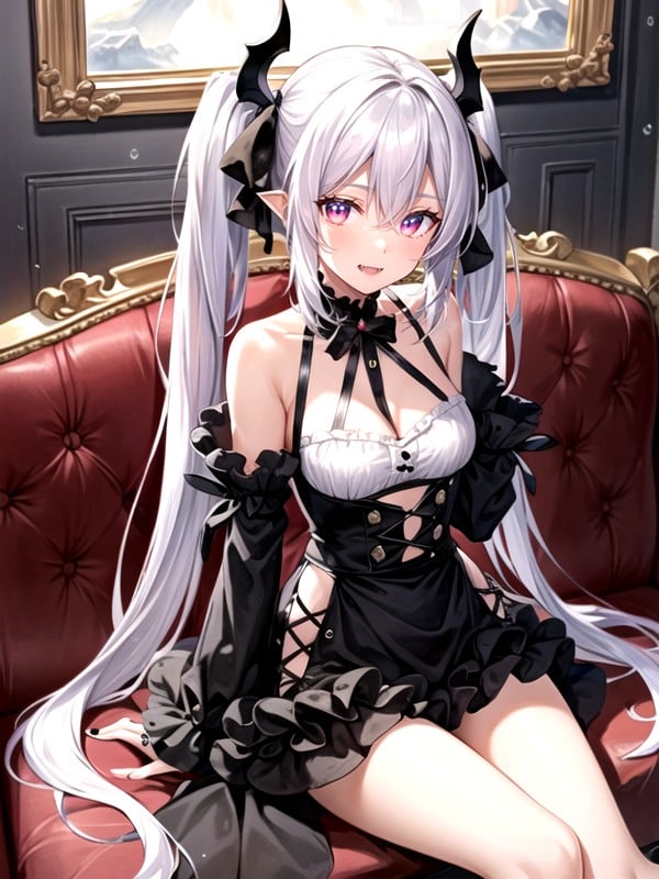 And She Also Has What Appear To Be Black Horns At Either Temple, Frilly Style Dress With A Layer Of White Ruffles Over Black Ruffles Of The Skirt The Top Has A Raindrop Shape Opening On Her Chest, Cm Body쉬메일 AI 포르노