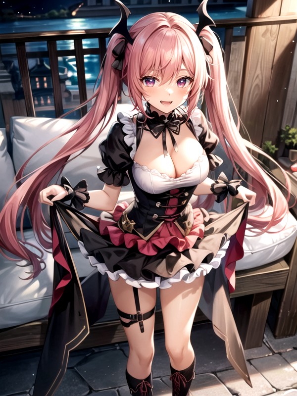 Along With Fangs And Pointed Ears, Two Pink Long Pigtails Held By Black Hairpieces Inspired By Bat Wings The Black Headdress Is Connected By A Black Headband, A BlackAI黄漫