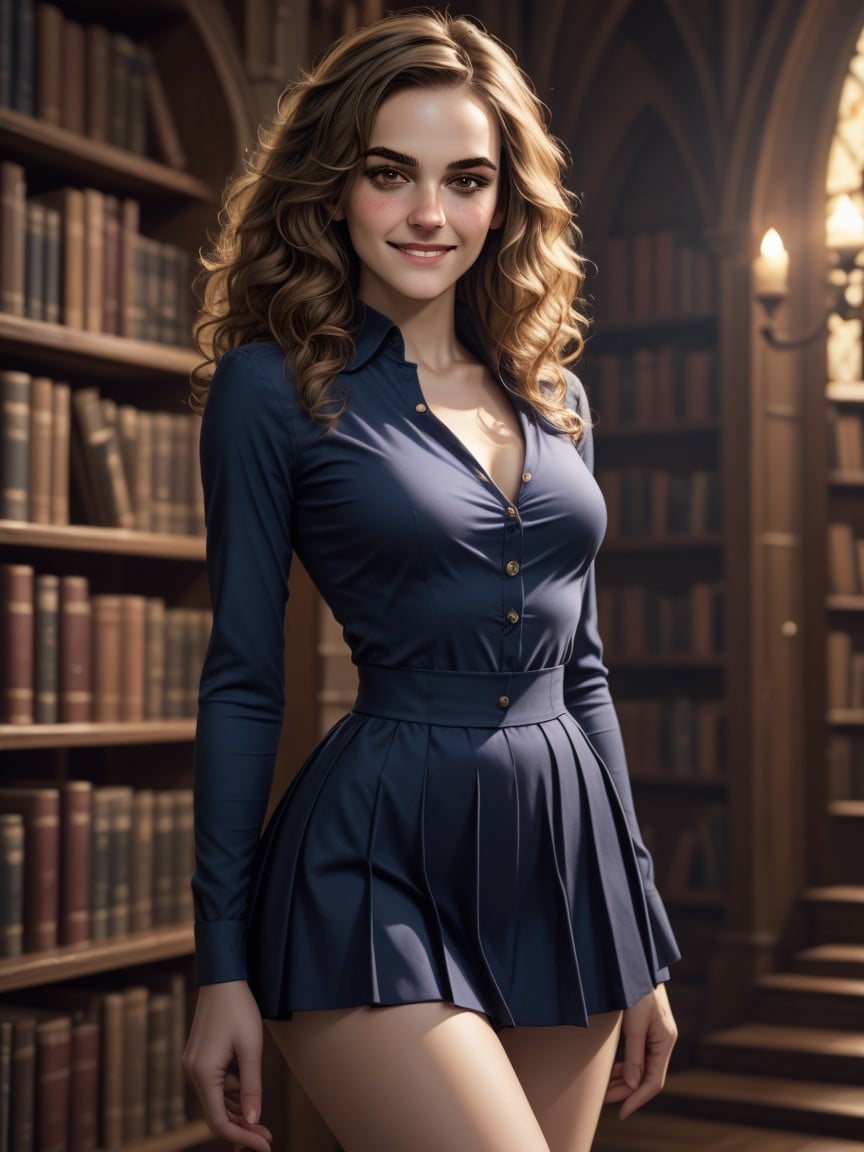 Narrow Waist, Wearing Navy Blue Microskirt, BibliothèquePorno IA