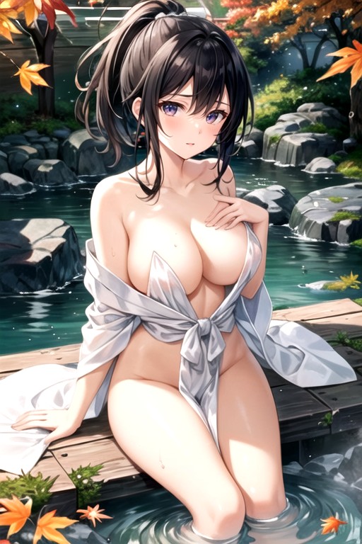 Autumn Leaves Floating On The Water, Immerse Herself In The Hot Spring Water Up To Her Chest, Nude人妖AI色情