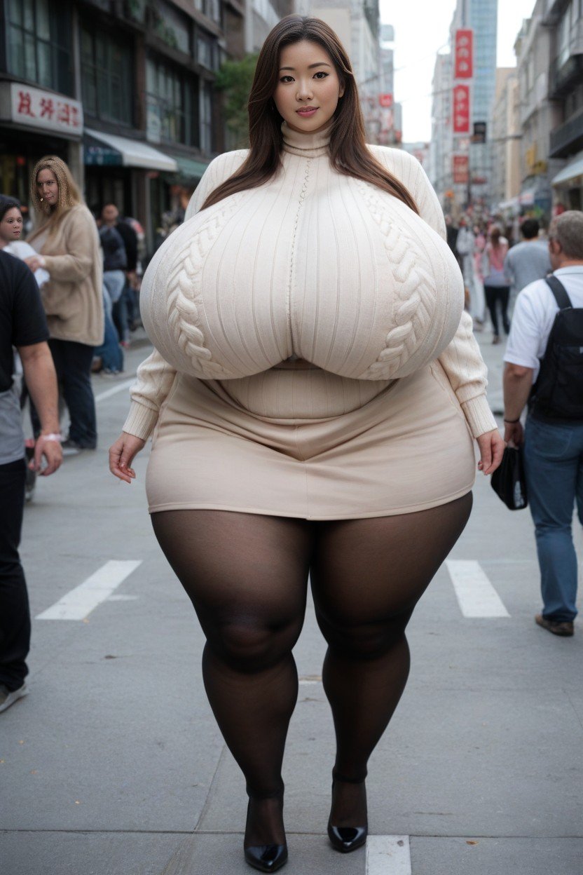 아시아 여성, Disproportionately Massive Fake Breasts, Walking Down The Tokyo Street쉬메일 AI 포르노